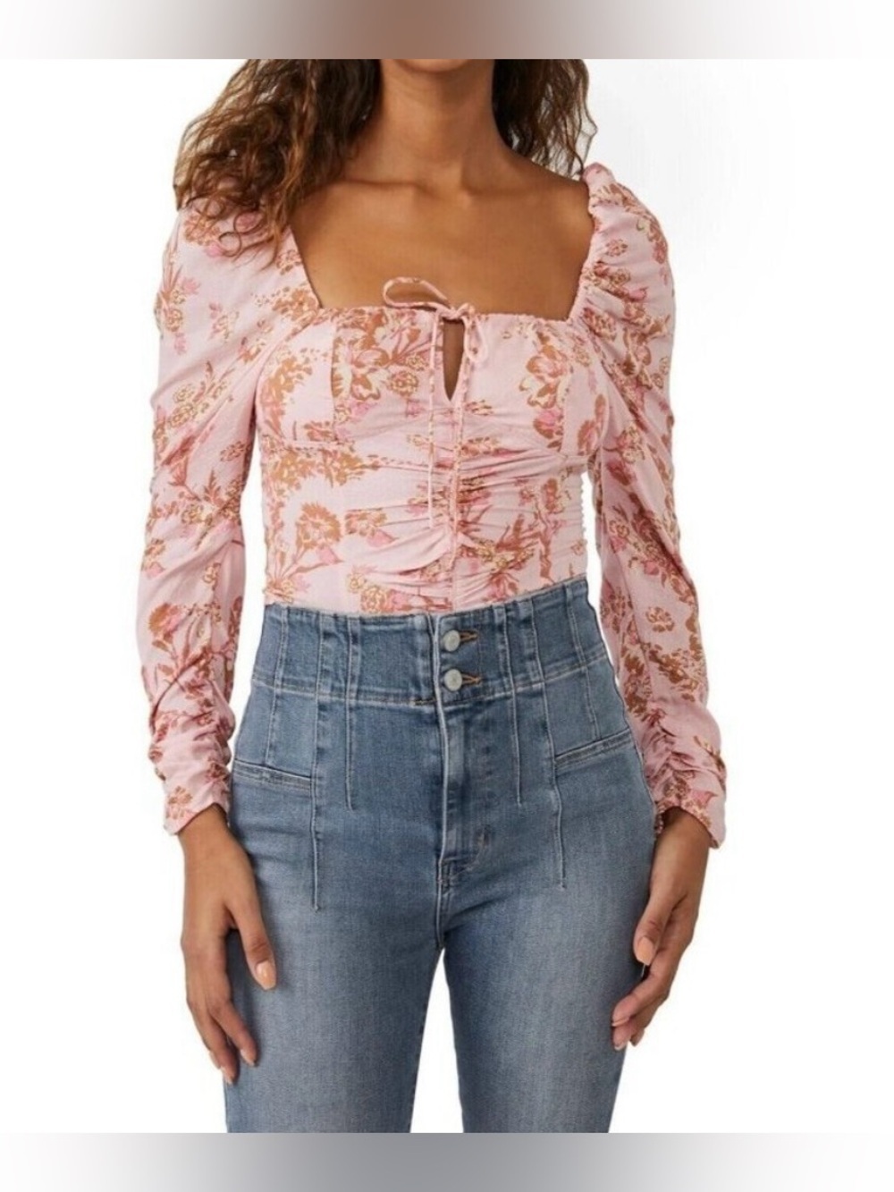 Free People Pink Floral Ruched Square-Neck Long Sleeve Blouse - Size XS